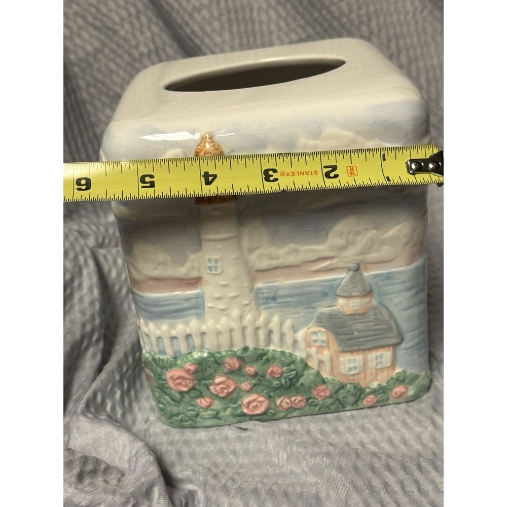 Vintage 1980s Handpainted Ceramic Tissue Box Cover Lighthouse Nautical - Picture 9 of 10